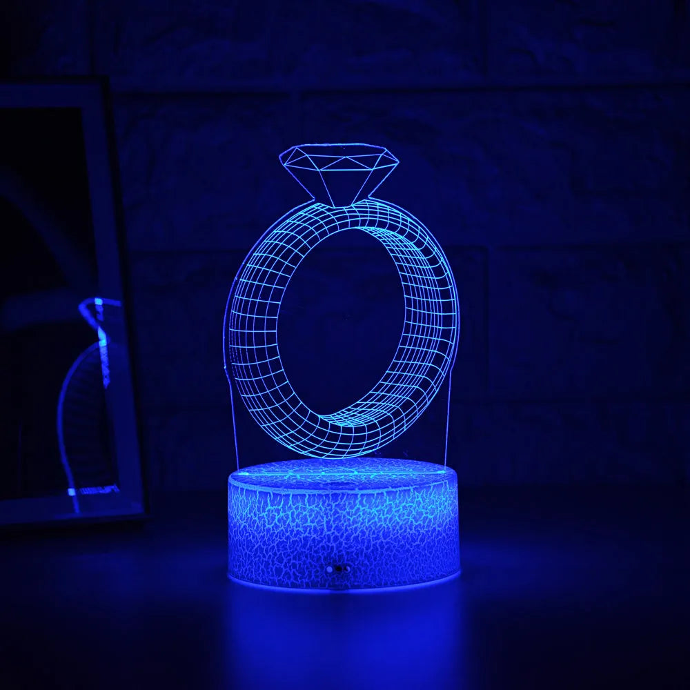 3D diamond ring LED night light with laser engraved acrylic panel and colour changing effects