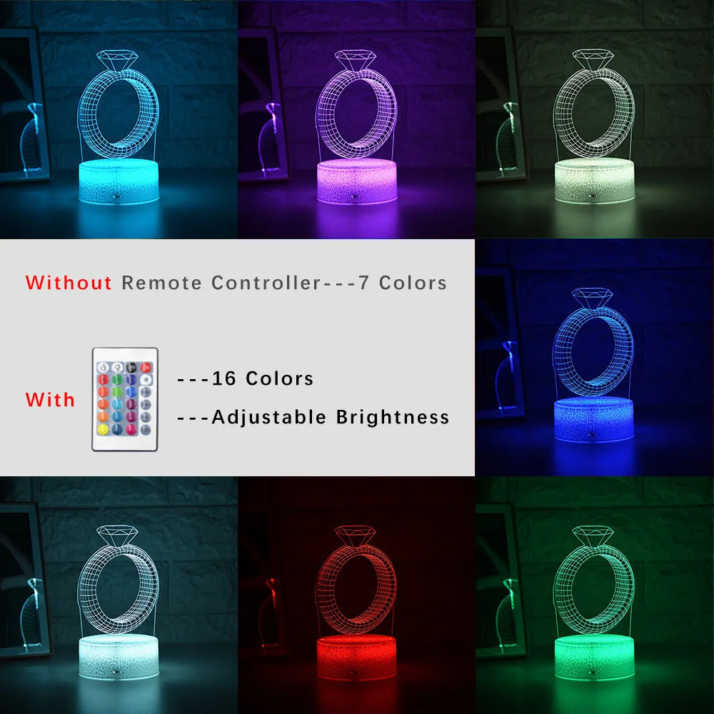 3D diamond ring LED night light with laser engraved acrylic panel and colour changing effects