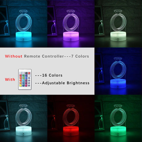 3D diamond ring LED night light with laser engraved acrylic panel and colour changing effects