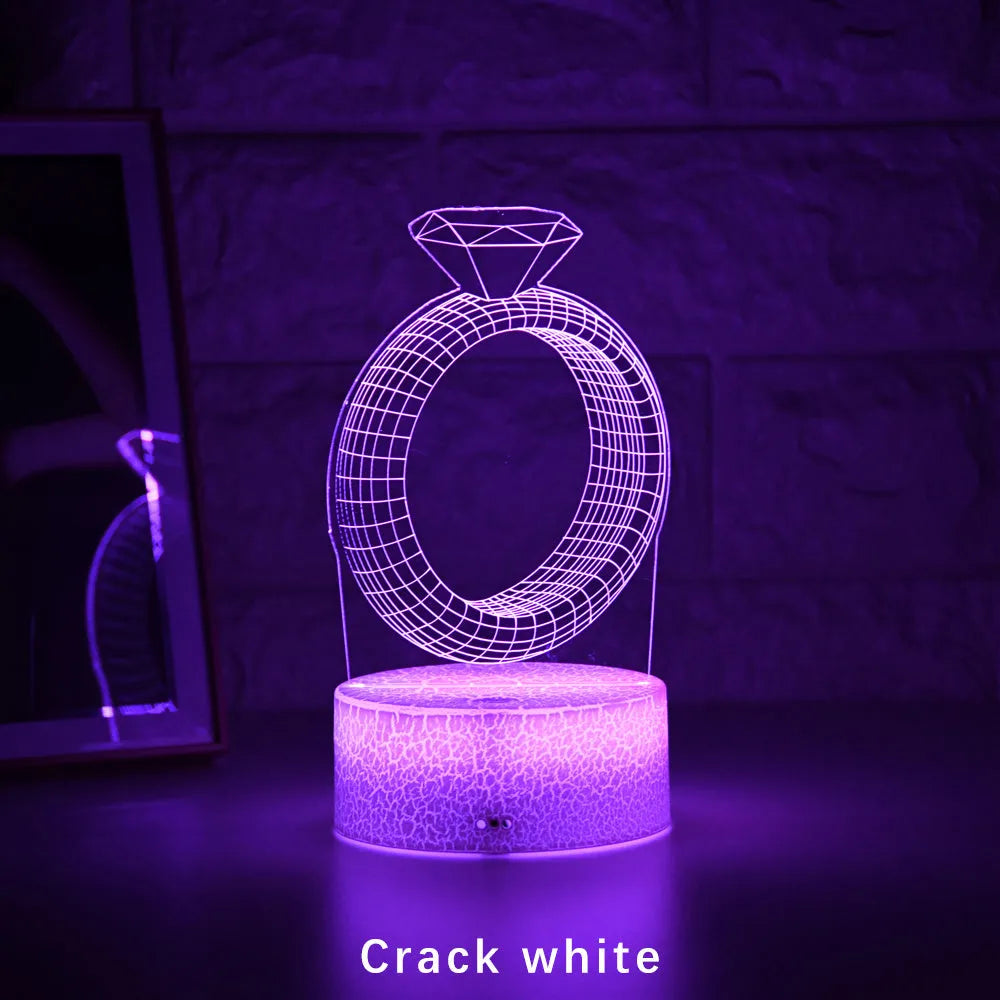 3D diamond ring LED night light with laser engraved acrylic panel and colour changing effects