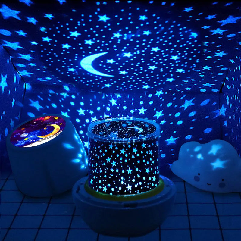 Projector night light showing rotating star patterns on bedroom wall