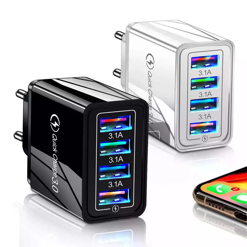 Simple luminous 4 USB port mobile phone charger in selected colour with charging indicator light