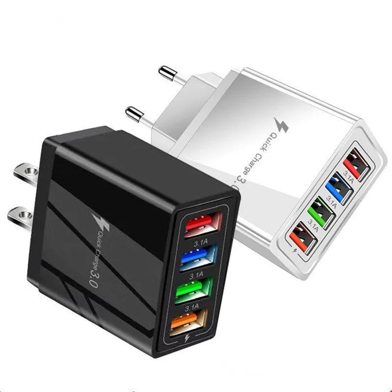 Simple luminous 4 USB port mobile phone charger in selected colour with charging indicator light