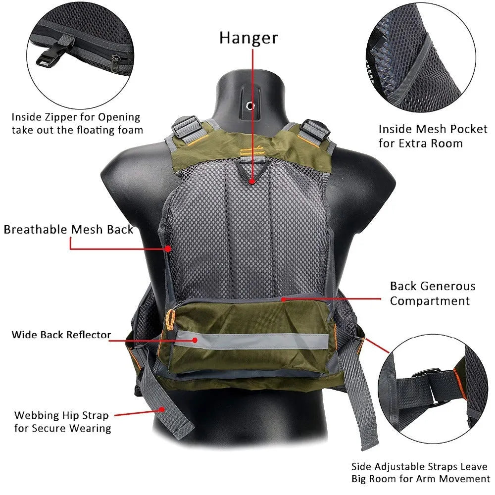 Grey fishing life jacket with multiple pockets, reflective strips, and adjustable straps laid flat.