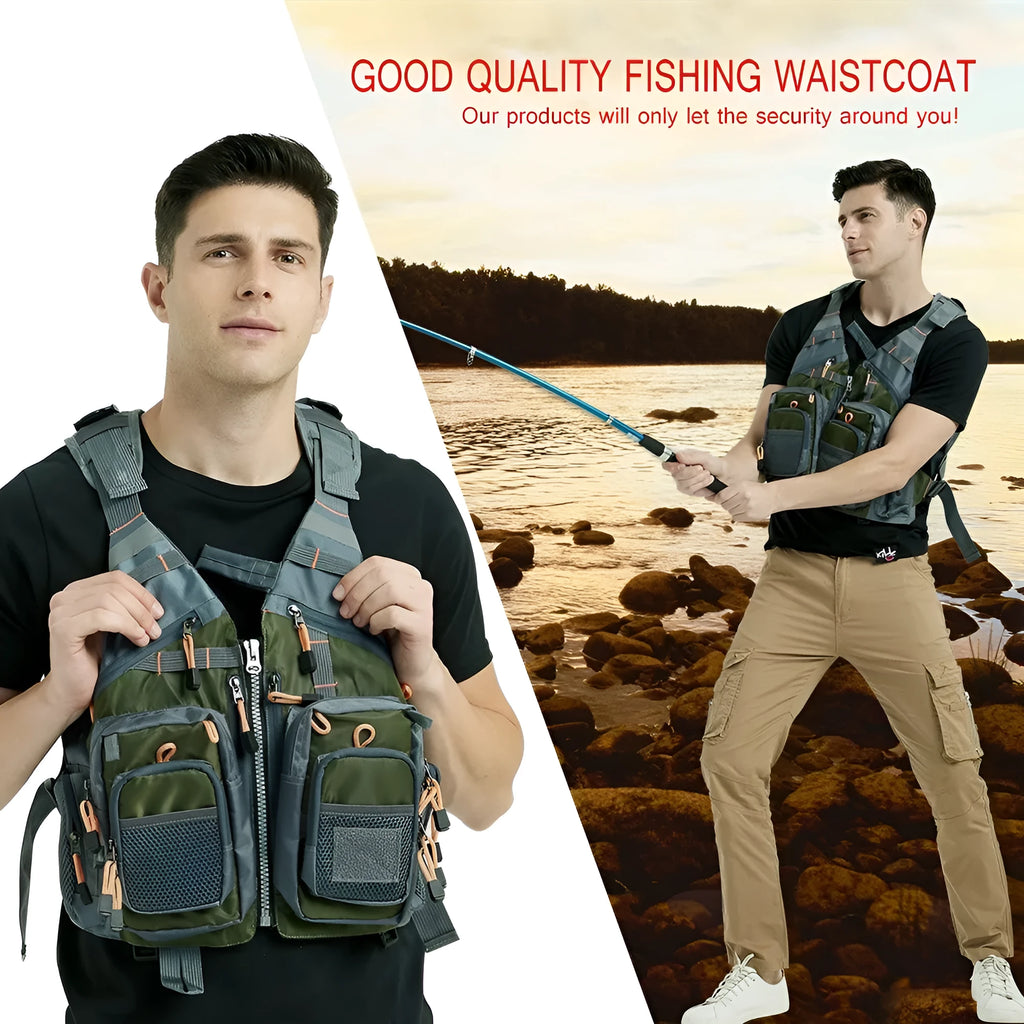 Grey fishing life jacket with multiple pockets, reflective strips, and adjustable straps laid flat.