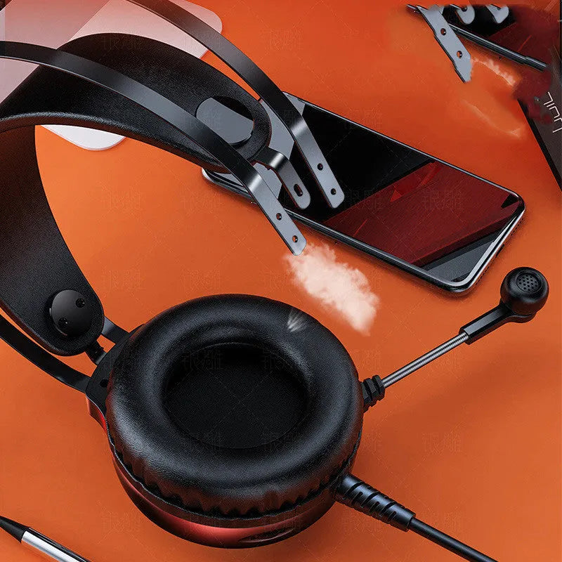 Black wired computer headset with adjustable headband, protein earmuffs, and 3.5mm plug for PC desktop use