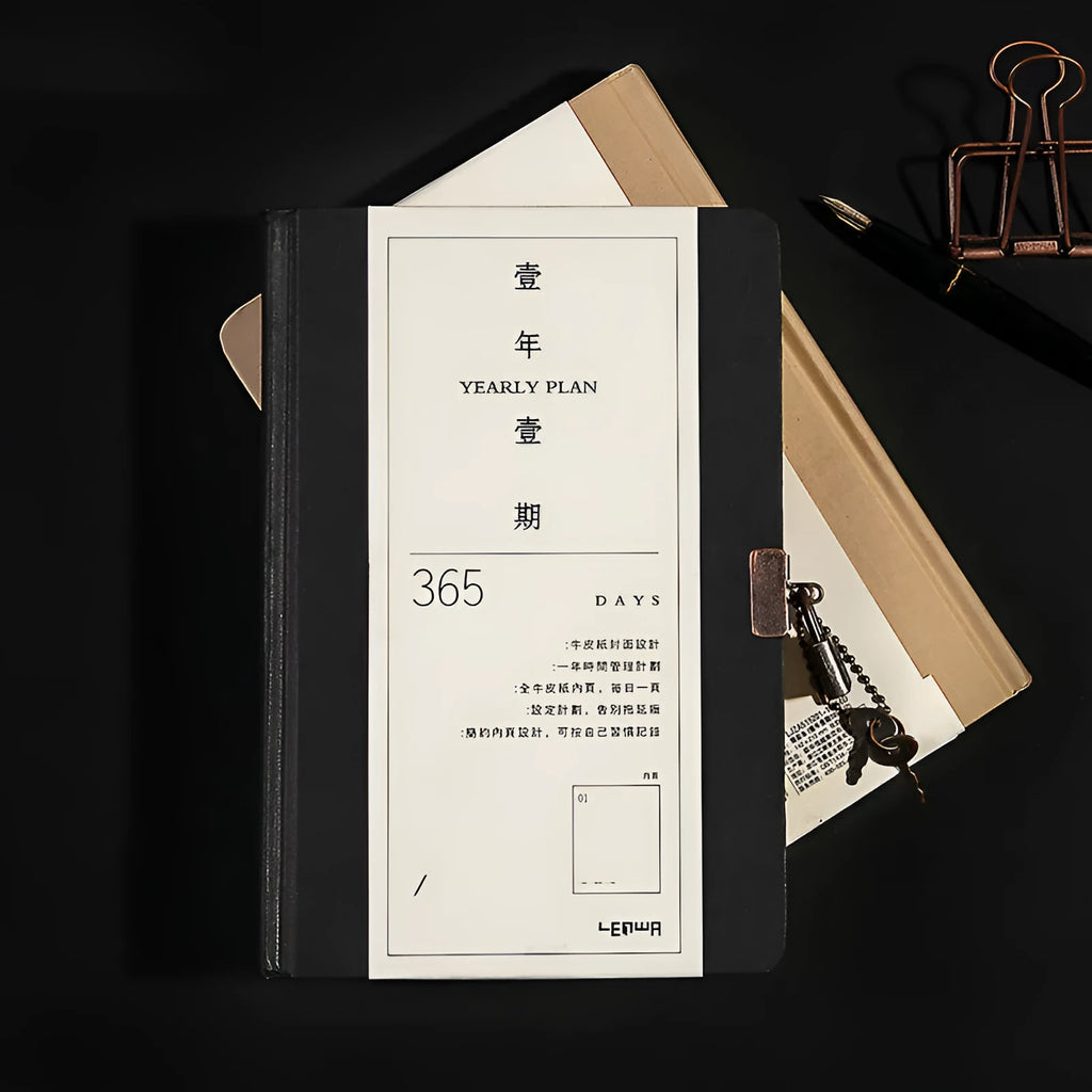 Hardcover A5 locked diary notebook in black with built-in lock, 365 Daolin paper pages, and schedule book design