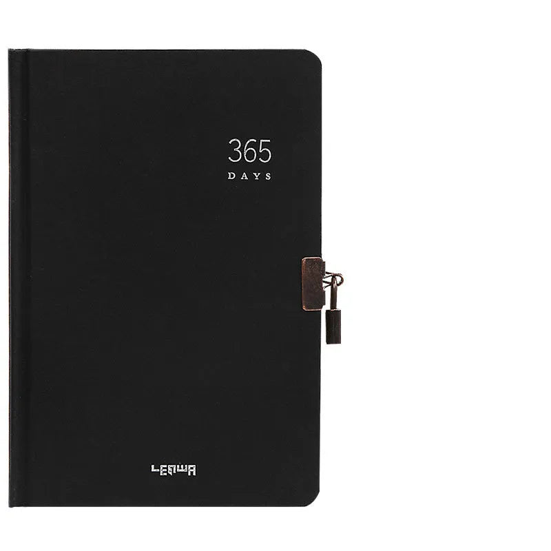Hardcover A5 locked diary notebook in black with built-in lock, 365 Daolin paper pages, and schedule book design