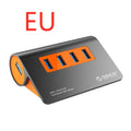 Dark grey and orange aluminium laptop USB hub with four USB 3.1 ports and a detachable cable.
