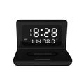 White wireless charger alarm clock displaying time, date, temperature and humidity with 10W charging surface