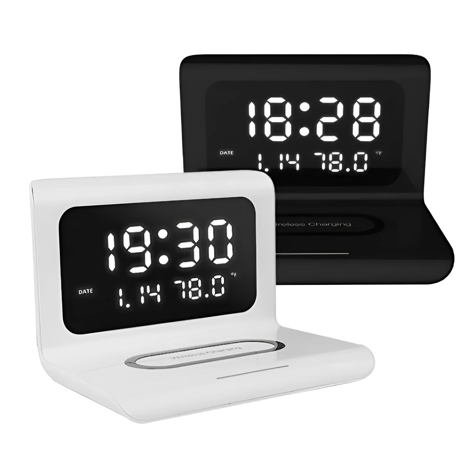 White wireless charger alarm clock displaying time, date, temperature and humidity with 10W charging surface