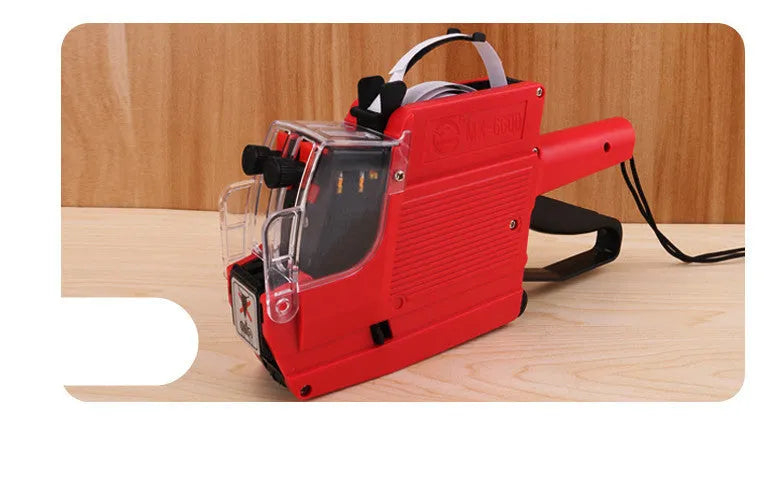 Manual supermarket pricing machine in blue, red, or yellow with ink roller and paper rolls