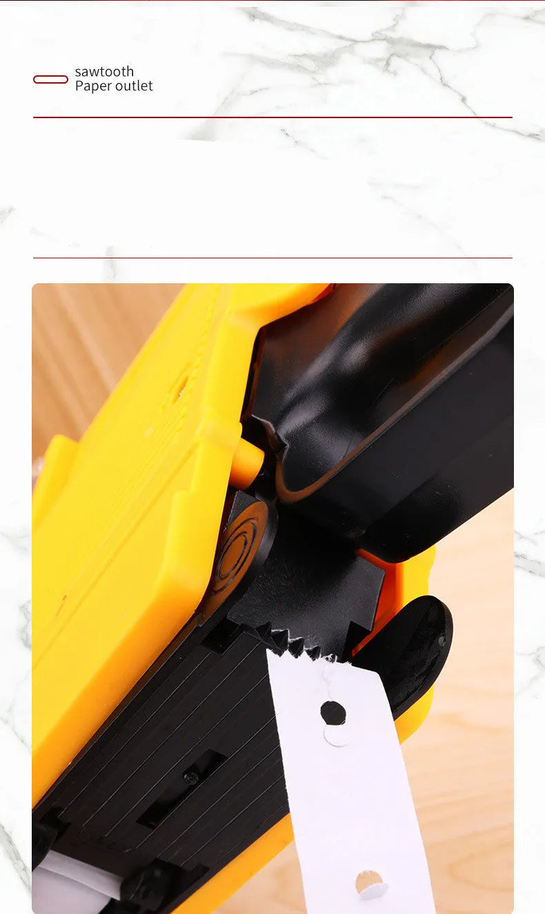Manual supermarket pricing machine in blue, red, or yellow with ink roller and paper rolls