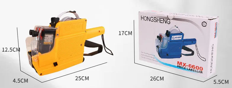 Manual supermarket pricing machine in blue, red, or yellow with ink roller and paper rolls