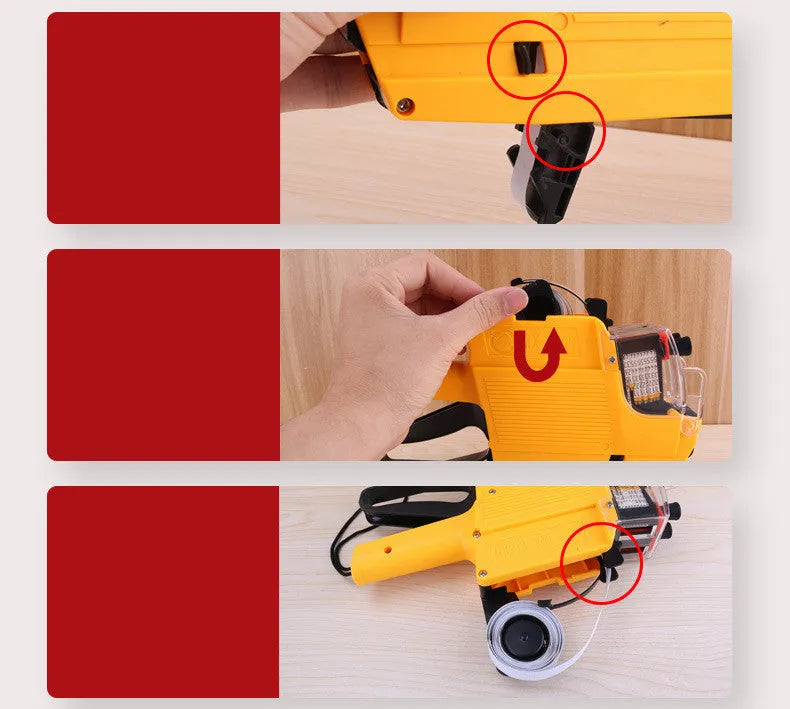 Manual supermarket pricing machine in blue, red, or yellow with ink roller and paper rolls