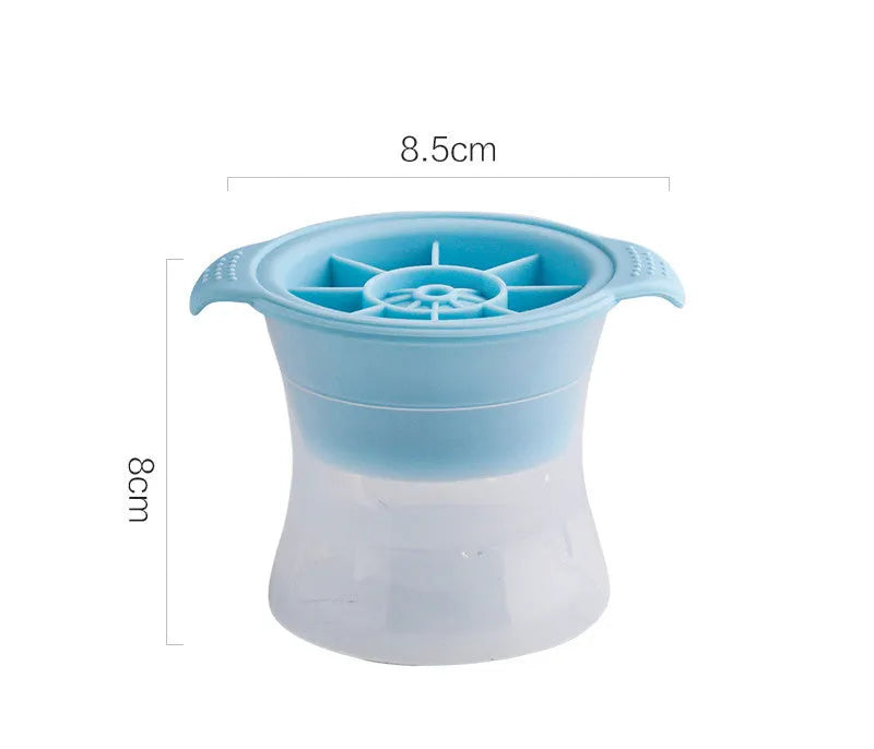 Silicone ice tray showing hockey artefact moulds and spherical ice cavities in light blue colour