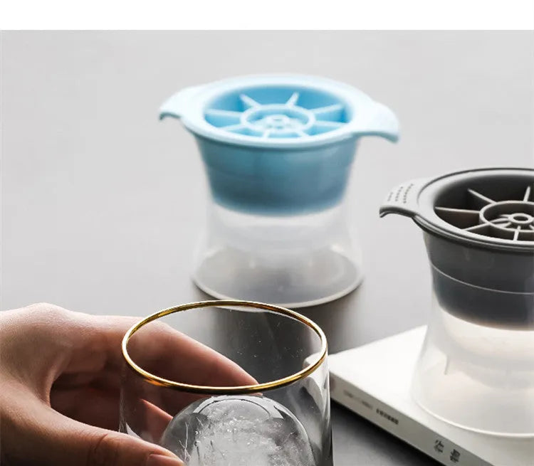 Silicone ice tray showing hockey artefact moulds and spherical ice cavities in light blue colour