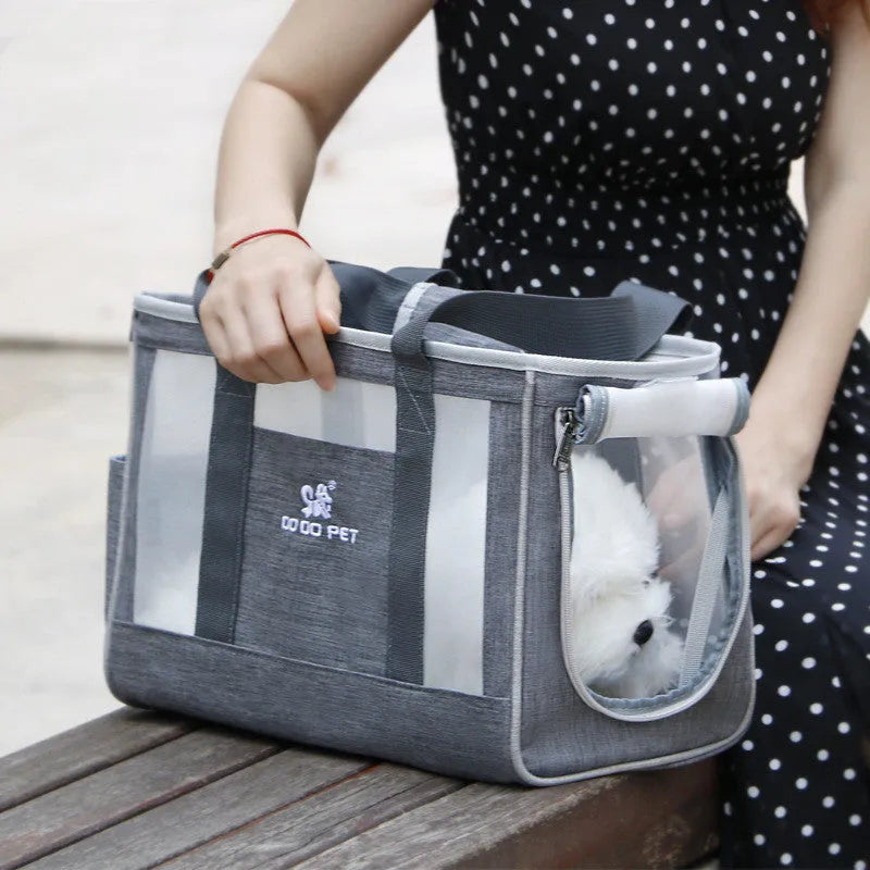 Grey large capacity Oxford cloth pet carrier backpack for dogs and cats with breathable mesh side panels