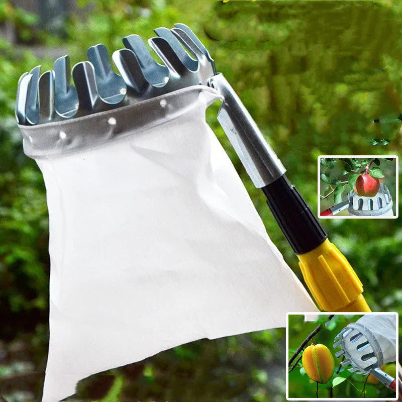 Steel frame fruit picker with cloth bag collector for harvesting garden fruits