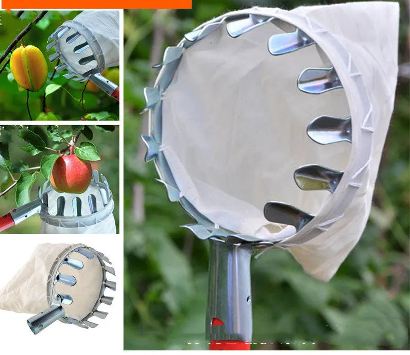 Steel frame fruit picker with cloth bag collector for harvesting garden fruits