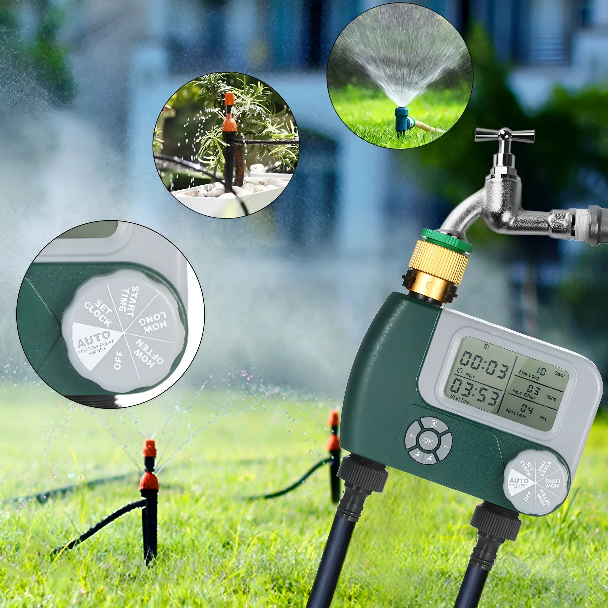 Green digital hose faucet timer with copper connector and dual outlets for garden irrigation