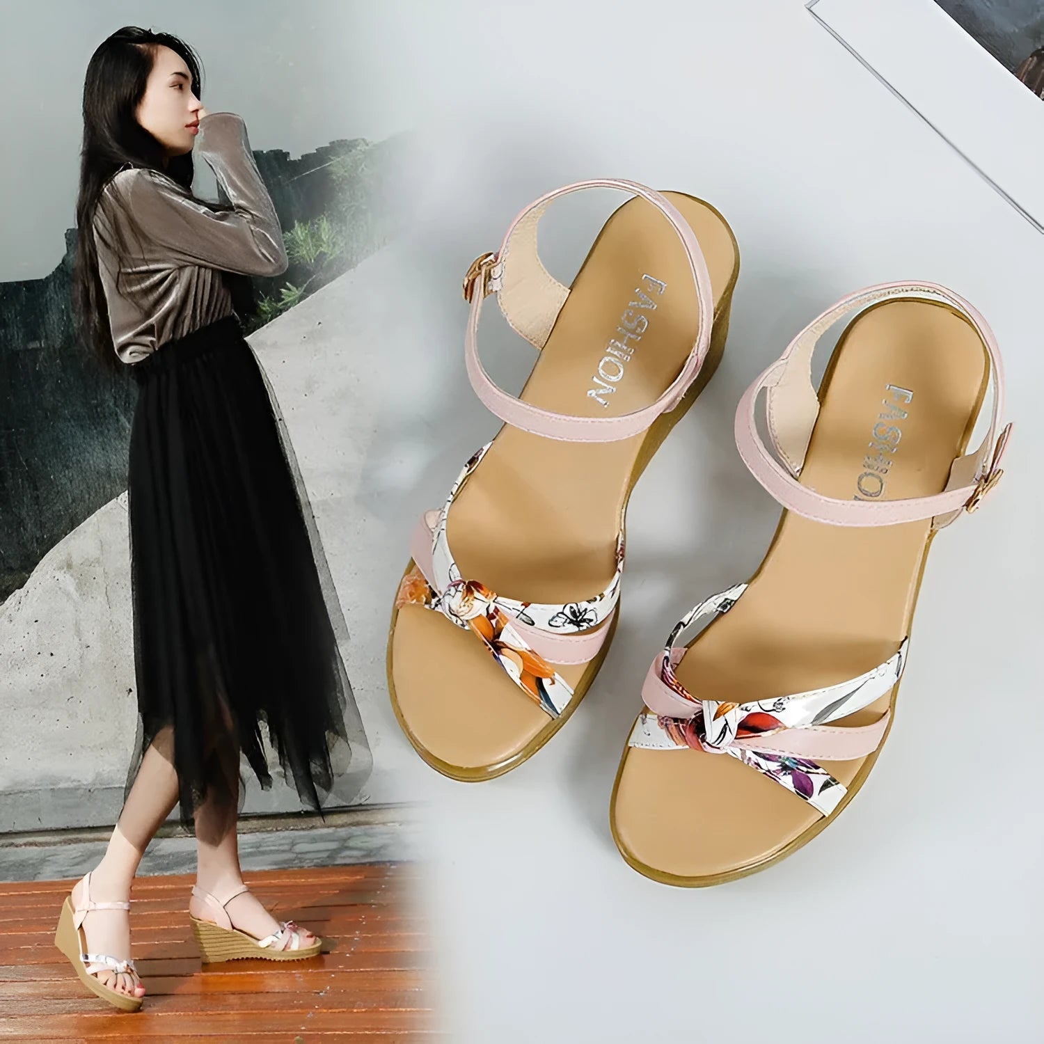 Women's pink wedge sandals with a thick platform sole and buckle strap.