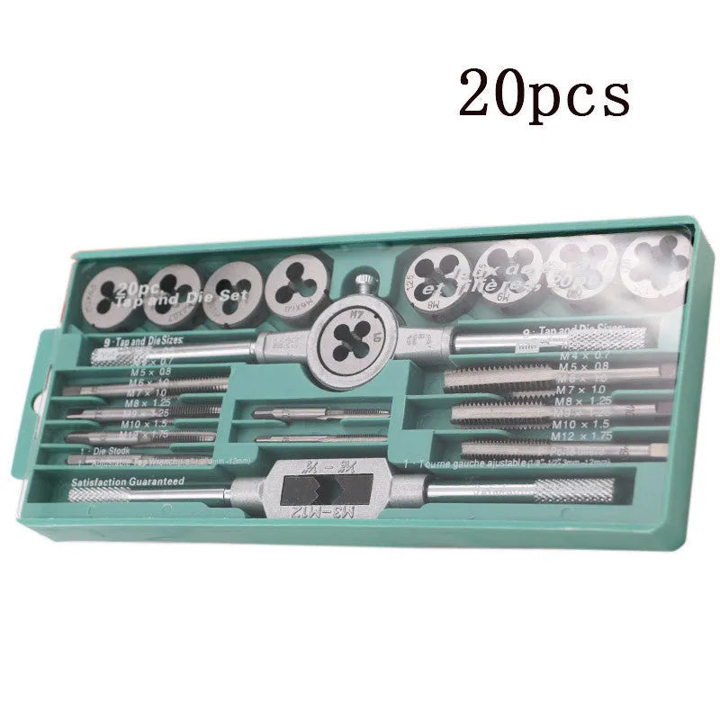 Metric tap and die set with silver and titanium-plated alloy steel taps and matching wrenches