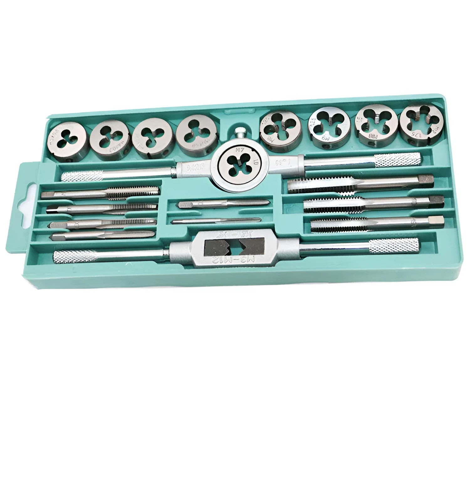 Metric tap and die set with silver and titanium-plated alloy steel taps and matching wrenches