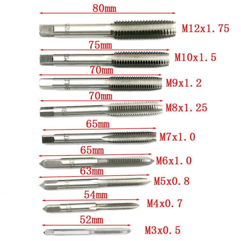 Metric tap and die set with silver and titanium-plated alloy steel taps and matching wrenches