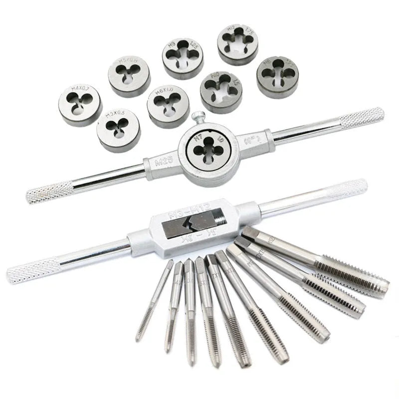 Metric tap and die set with silver and titanium-plated alloy steel taps and matching wrenches