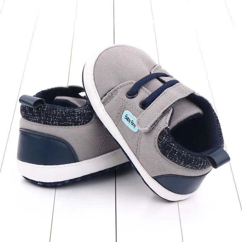 Soft sole cotton baby shoes for boys with Velcro fastening in dark blue