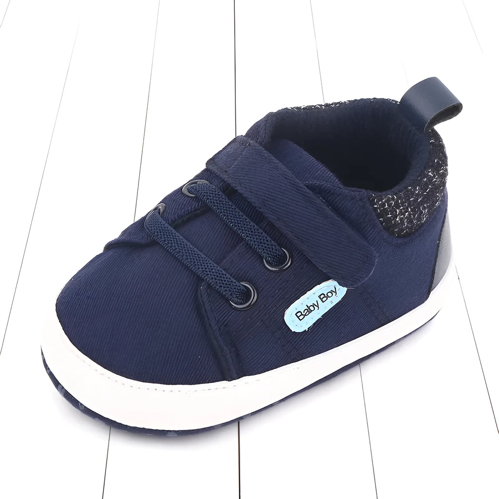 Soft sole cotton baby shoes for boys with Velcro fastening in dark blue