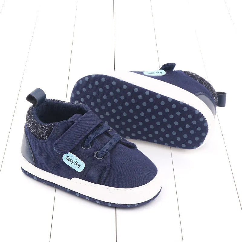 Soft sole cotton baby shoes for boys with Velcro fastening in dark blue