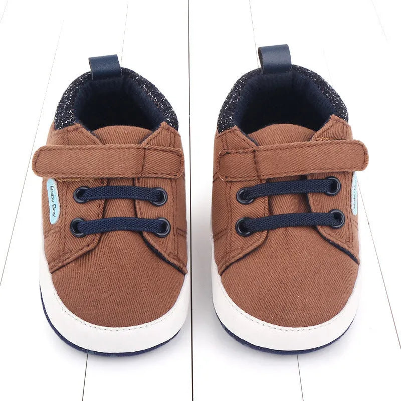 Soft sole cotton baby shoes for boys with Velcro fastening in dark blue