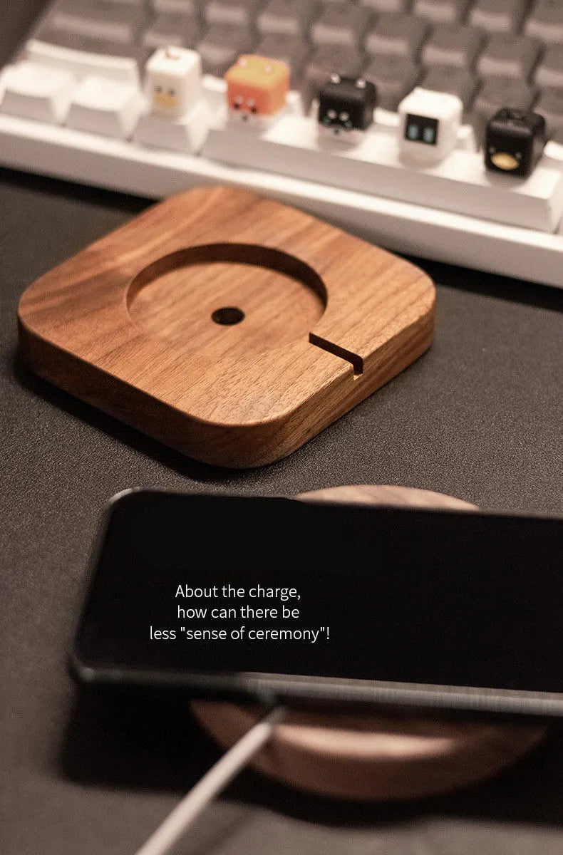 Walnut wood magnetic wireless charging stand with phone on bracket