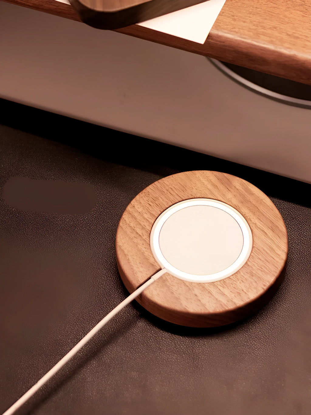 Walnut wood magnetic wireless charging stand with phone on bracket