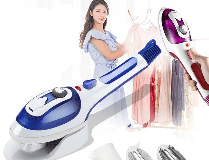 Blue handheld hanging steam iron with temperature dial and power cord.