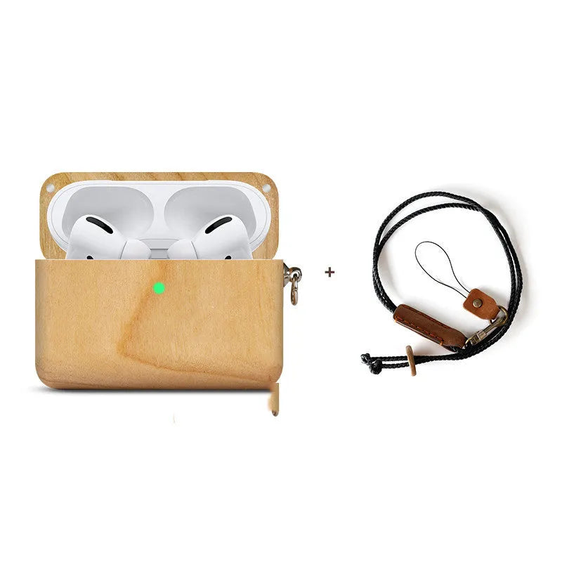 Solid wood Bluetooth earphone sleeve and case with lanyard in various wood finishes like bamboo and walnut.
