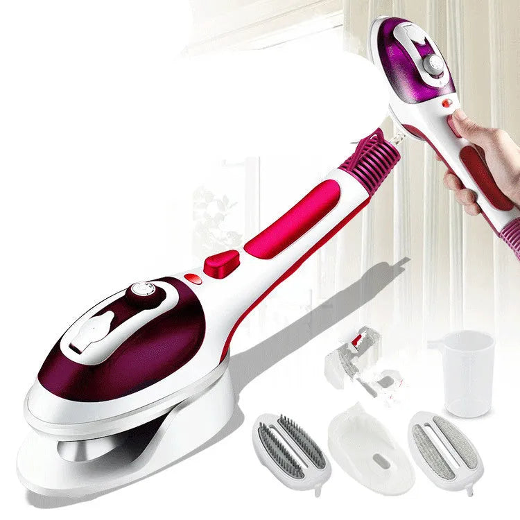 Blue handheld hanging steam iron with temperature dial and power cord.