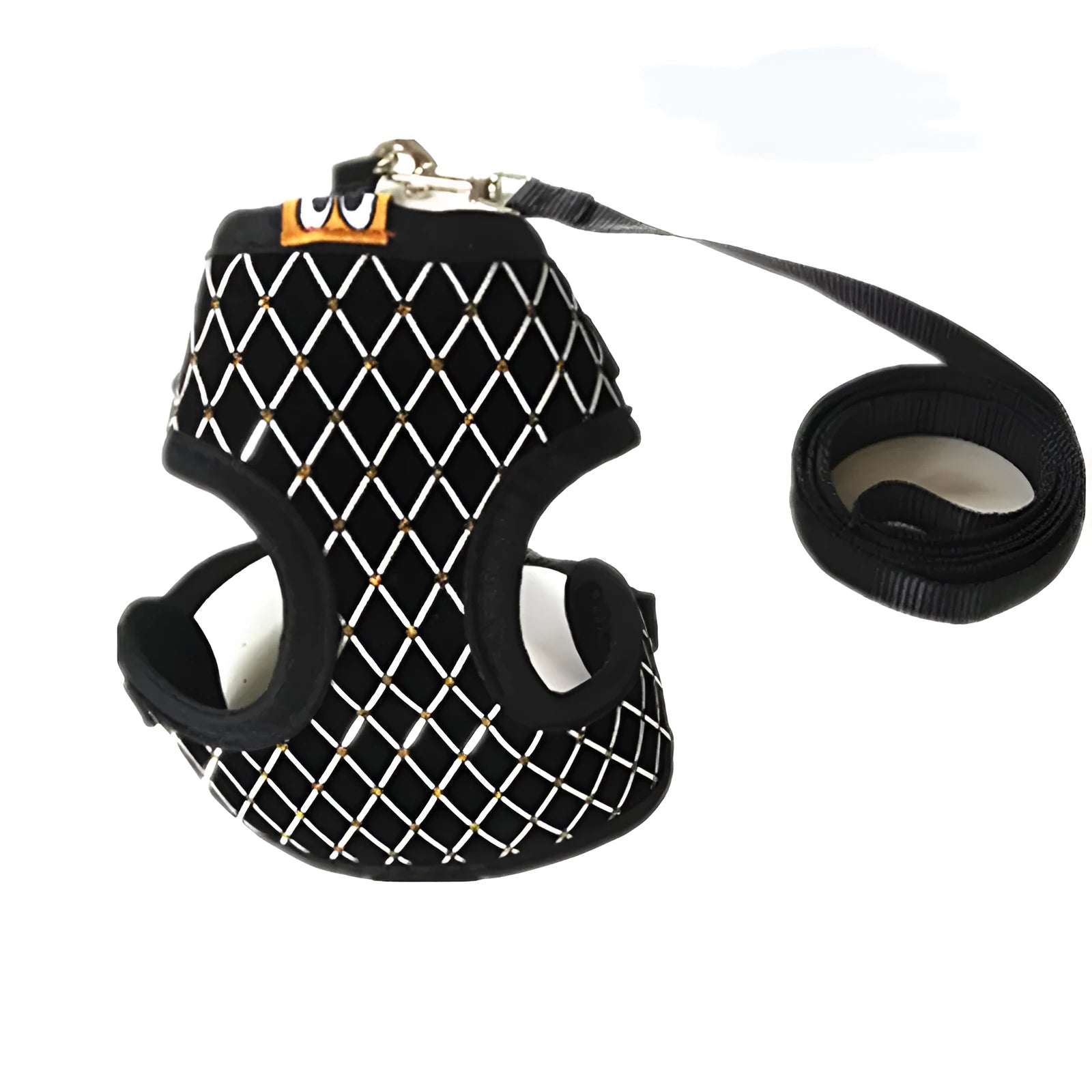 Black nylon small dog harness with breathable mesh vest and attached leash on a white background