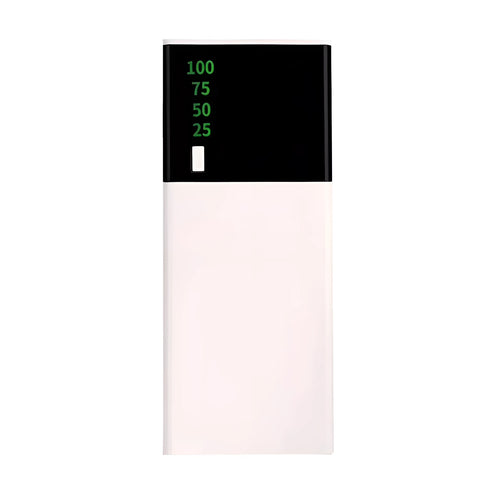 Black 20000mAh portable power bank with charging cable, dimensions 135mm by 60mm.