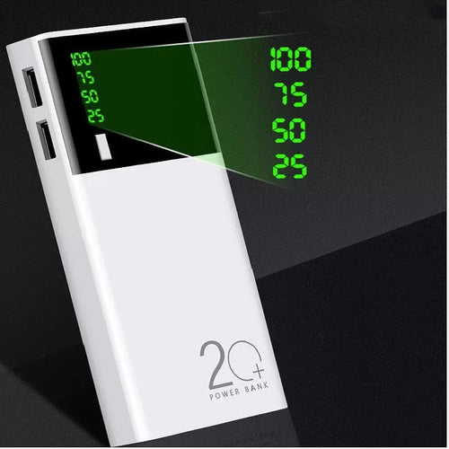 Black 20000mAh portable power bank with charging cable, dimensions 135mm by 60mm.