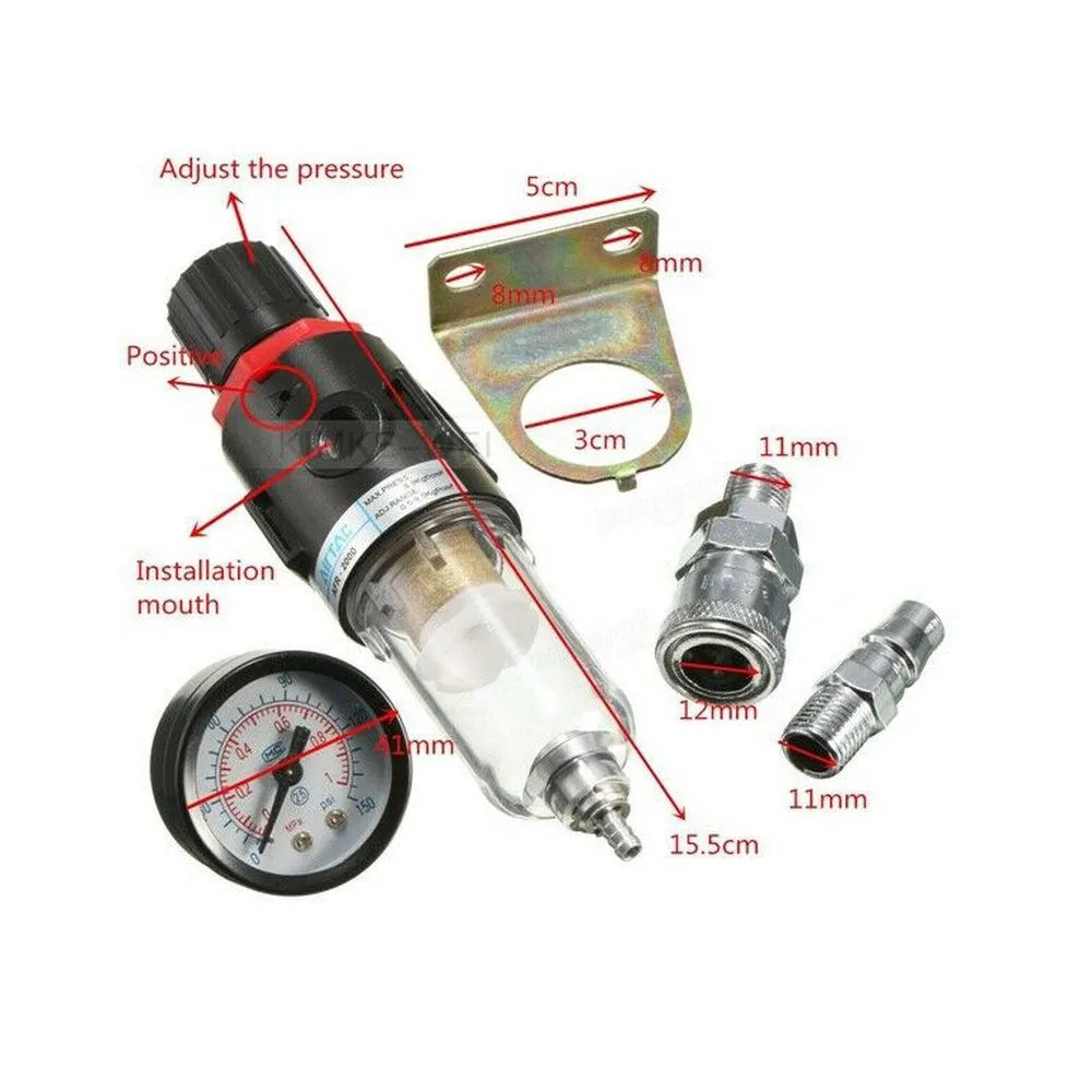 Air compressor filter regulator with pressure gauge, moisture separator, 1/4 inch connector, aluminium body