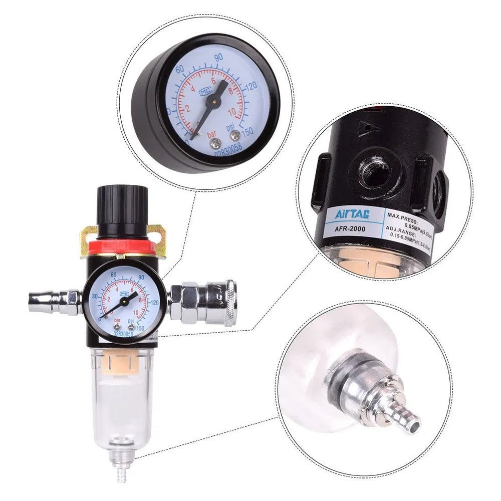 Air compressor filter regulator with pressure gauge, moisture separator, 1/4 inch connector, aluminium body