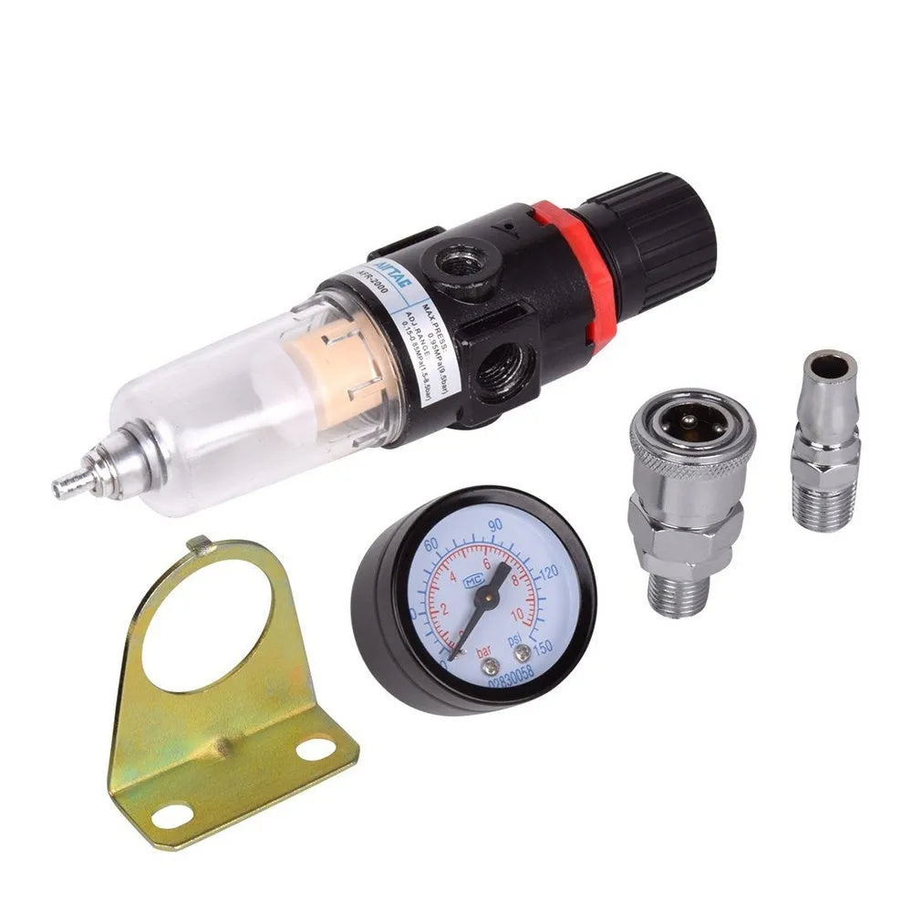 Air compressor filter regulator with pressure gauge, moisture separator, 1/4 inch connector, aluminium body