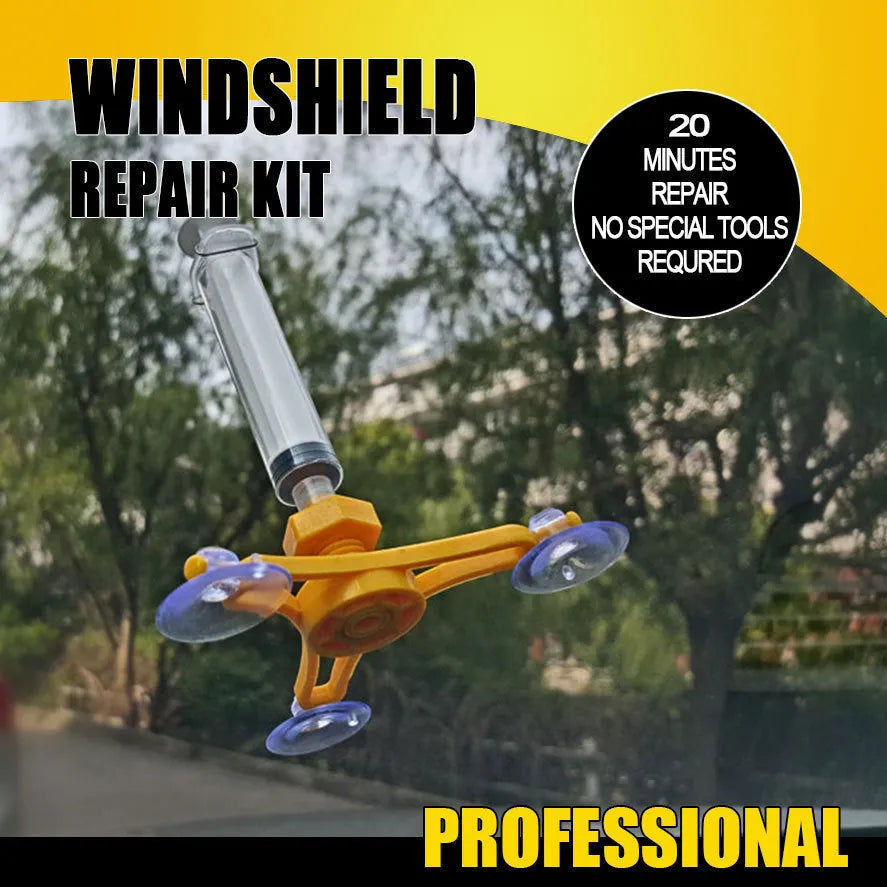 Yellow auto glass repair tool with triangle bracket and 2ml fluid on car windshield