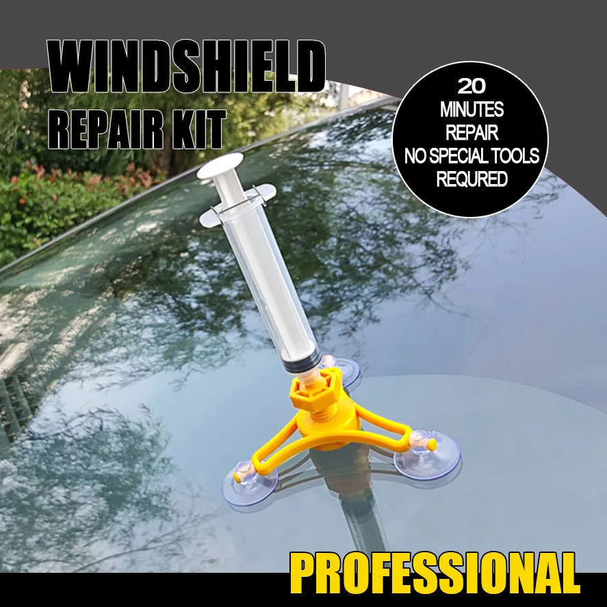 Yellow auto glass repair tool with triangle bracket and 2ml fluid on car windshield