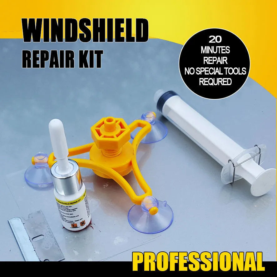 Yellow auto glass repair tool with triangle bracket and 2ml fluid on car windshield
