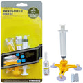 Yellow auto glass repair tool with triangle bracket and 2ml fluid on car windshield