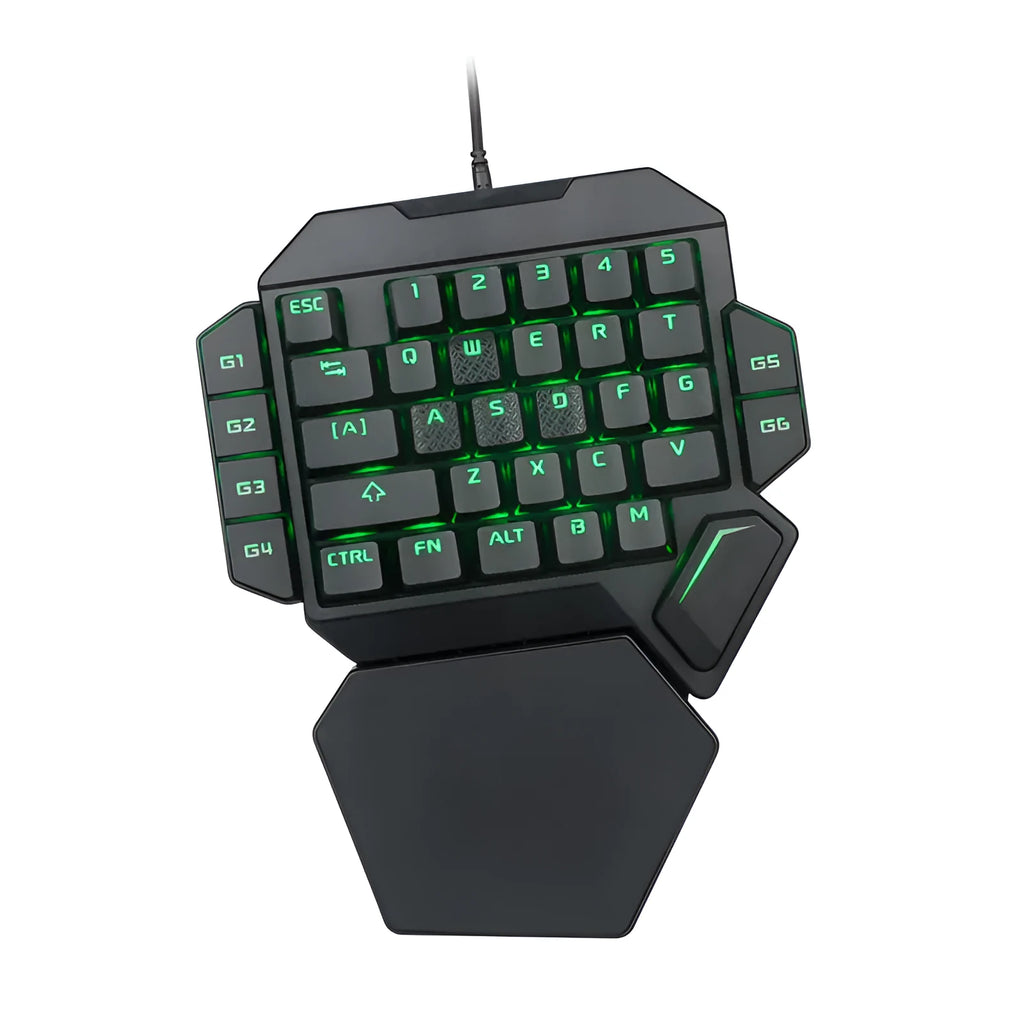 One-handed wired mechanical gaming keyboard with green axis switches, 35 keys, USB cable, and hand rest